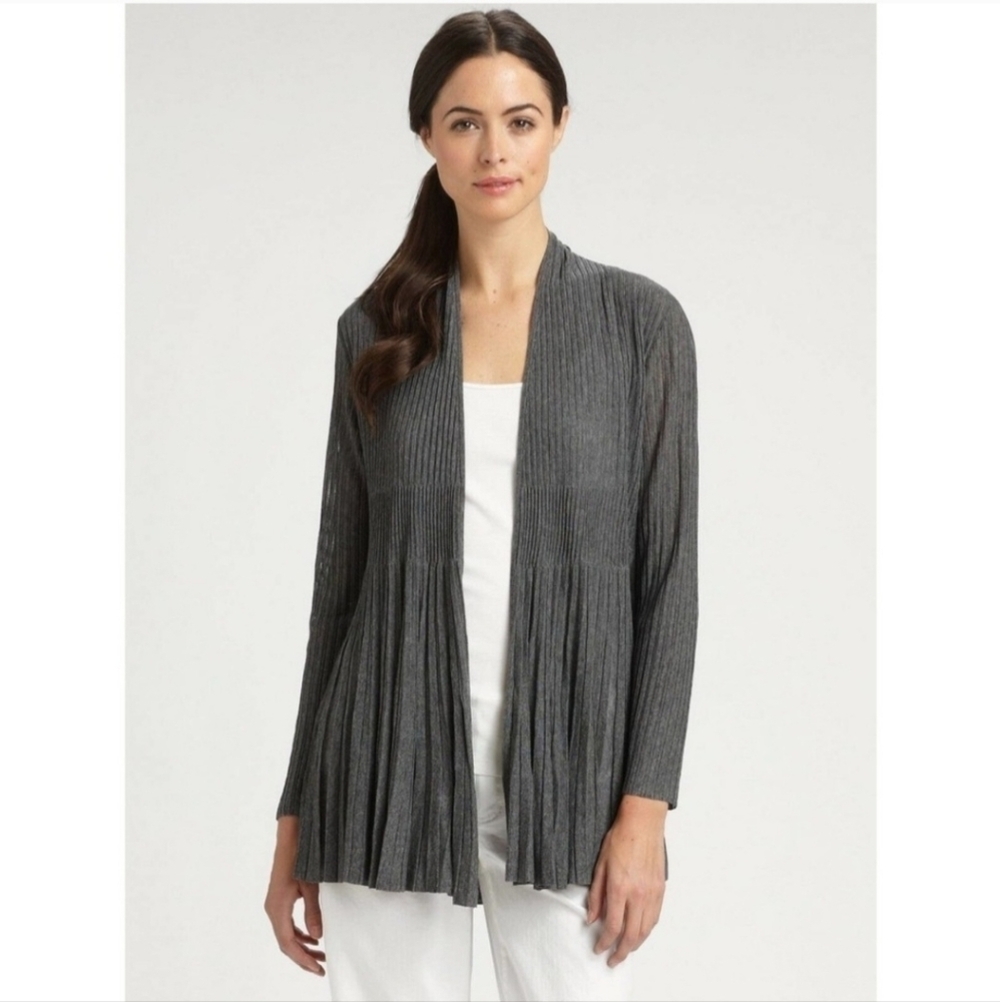 Eileen Fisher Cardigan Black Ribbed Open Front Knit Long Sleeve Casual Size PS